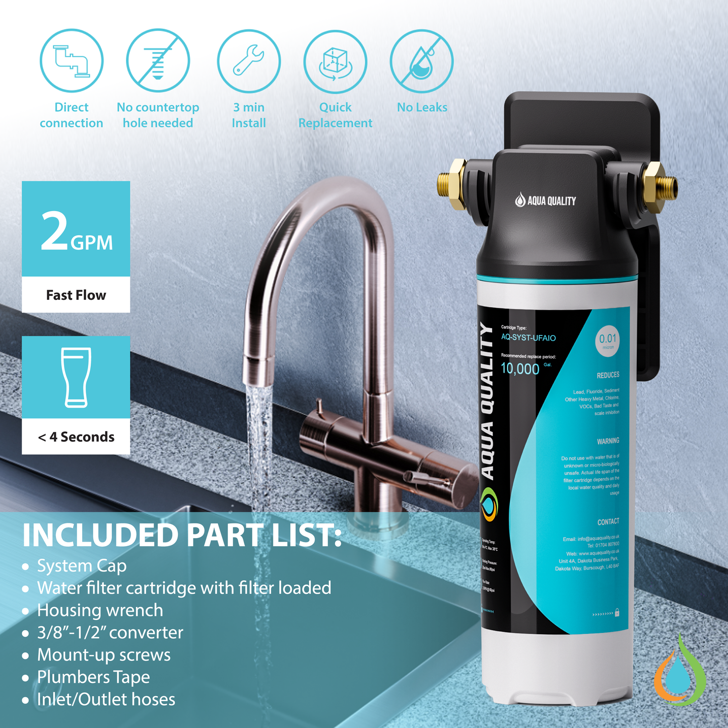 Aqua Quality 0.01 Micron All In One Under Sink Water Filter System